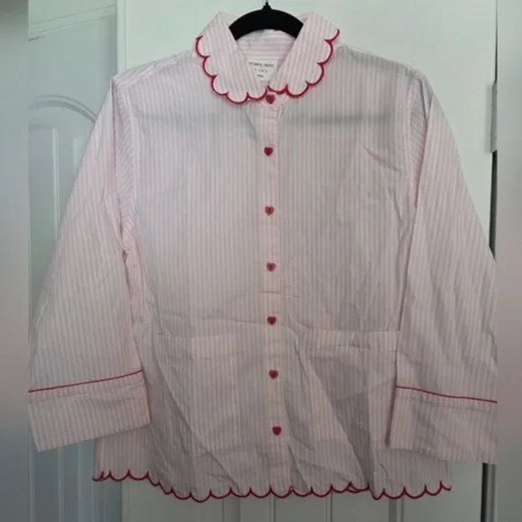LAKE pajamas Medium M pink striped pj top red piping heart buttons - Picture 2 of 5
